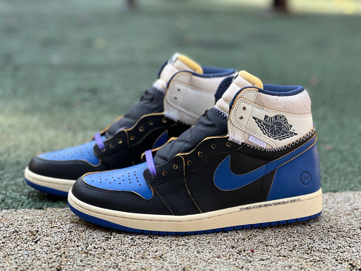Nike Air Jordan 1 Retro High OG SP Fragment x Union LA sneakers in Sport Royal color, featuring blue leather and iconic design.