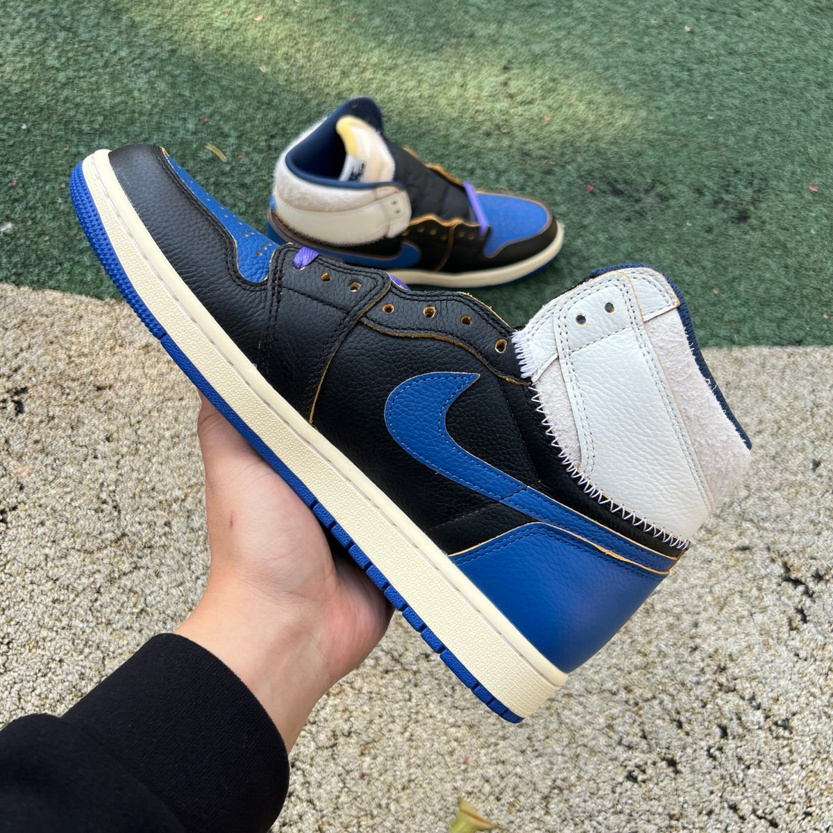 Nike Air Jordan 1 Retro High OG SP Fragment x Union LA sneakers in Royal blue, featuring high-top design and iconic branding.