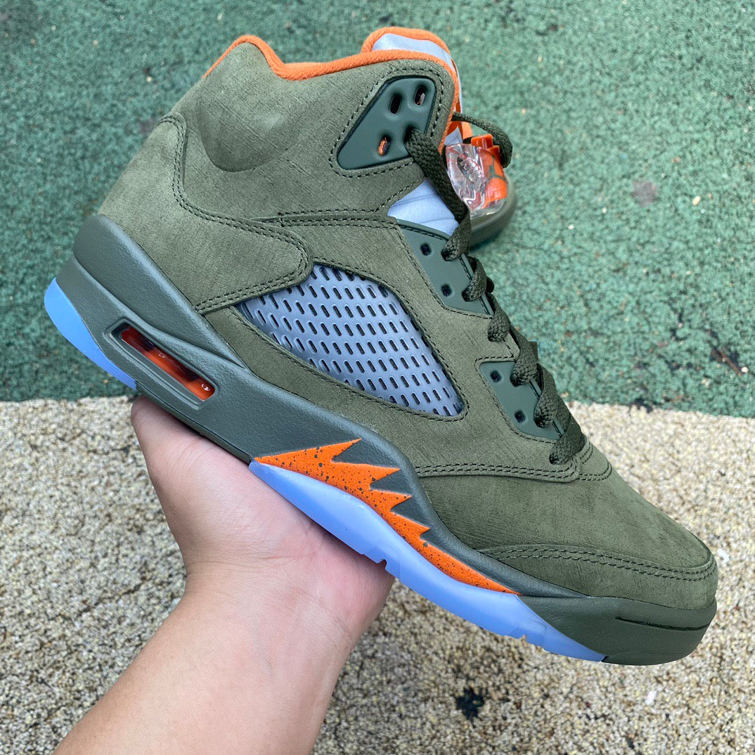 Nike Air Jordan 5 Retro Olive sneakers from 2024 featuring olive green and black colorway, showcasing the classic design and branding.