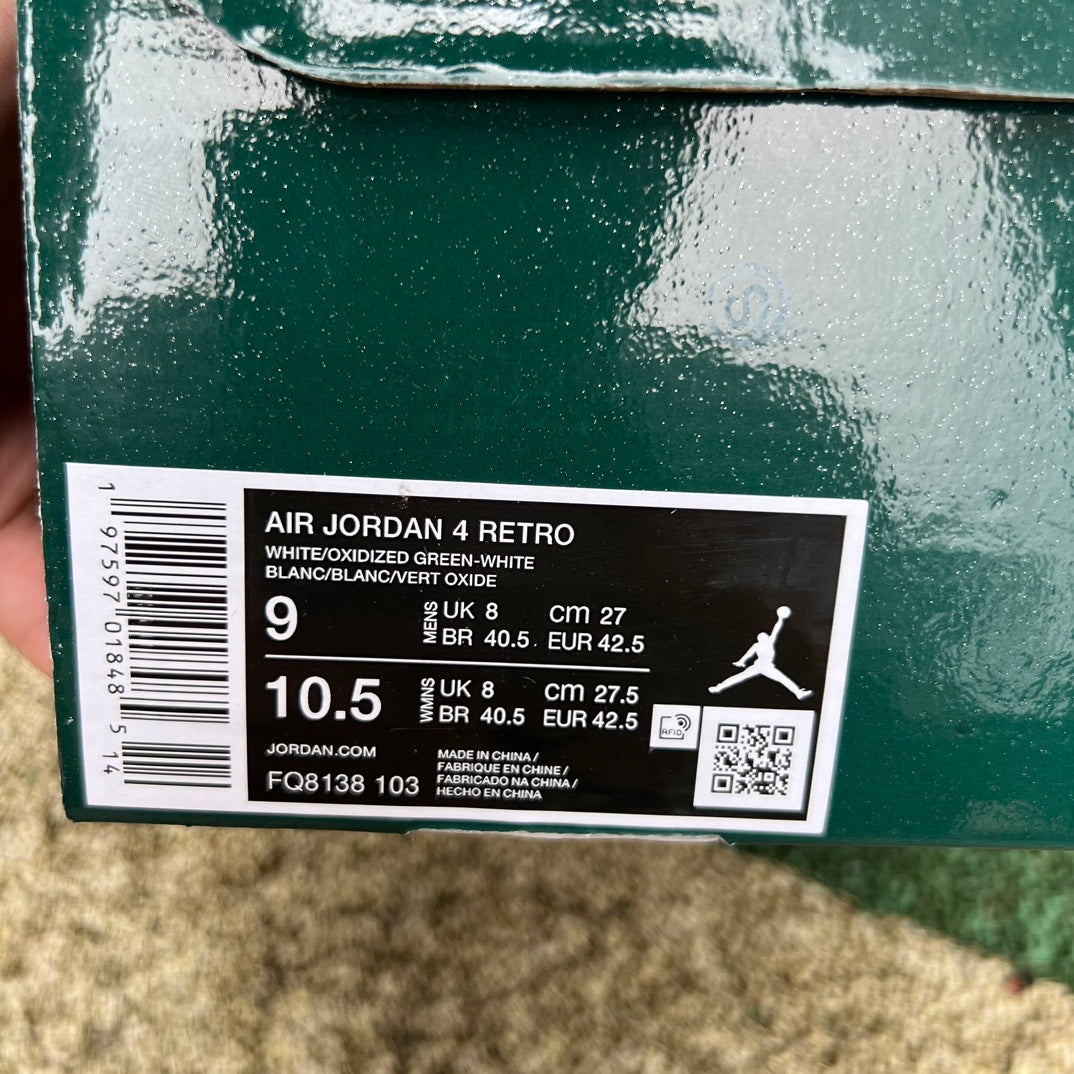 Nike Air Jordan 4 Retro Oxidized Green sneaker, featuring green and grey colorway with Nike x Jordan branding and classic design.