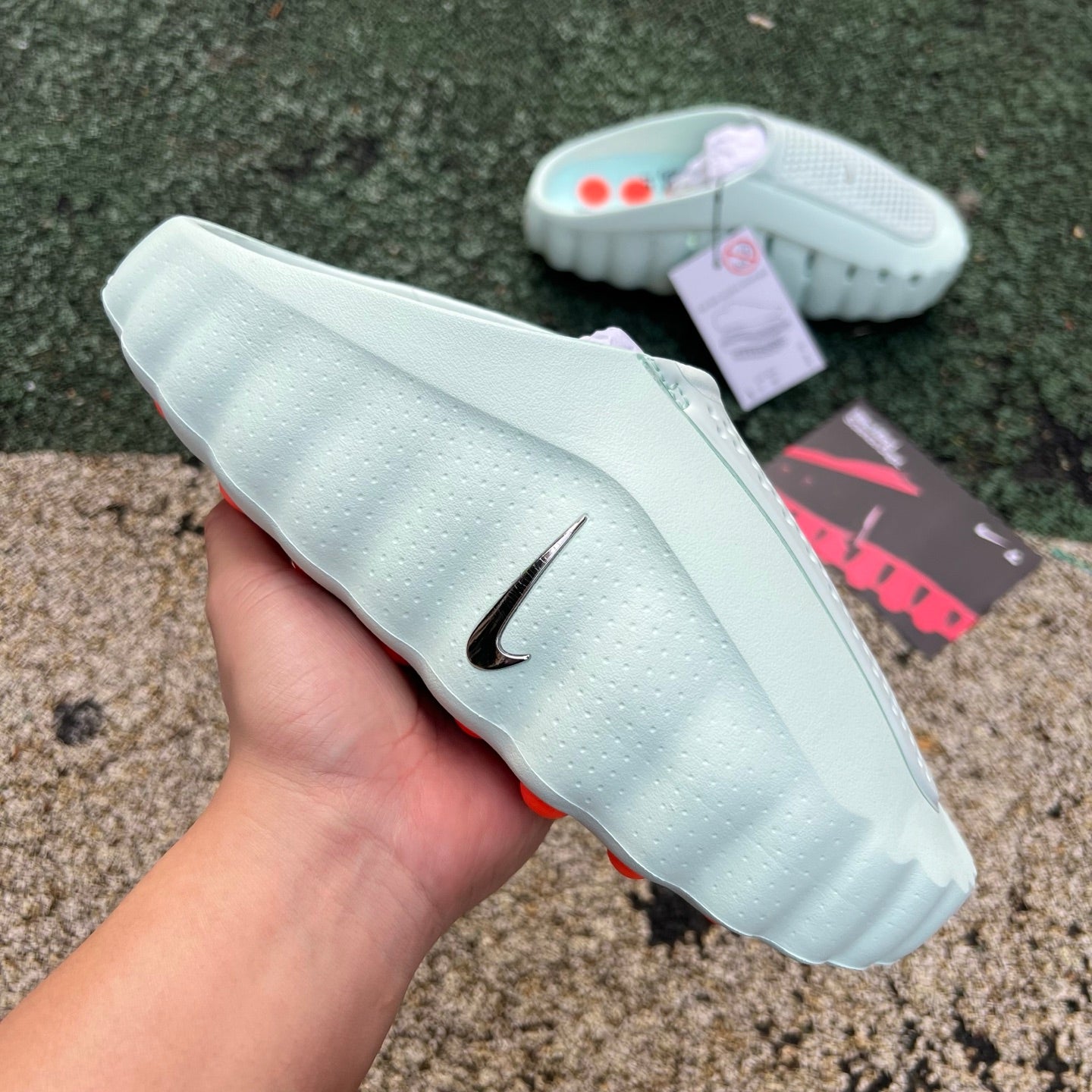 Nike x Jordan Mind 001 Slide in Barely Green with Nike and Jordan branding, featuring a comfortable slip-on design