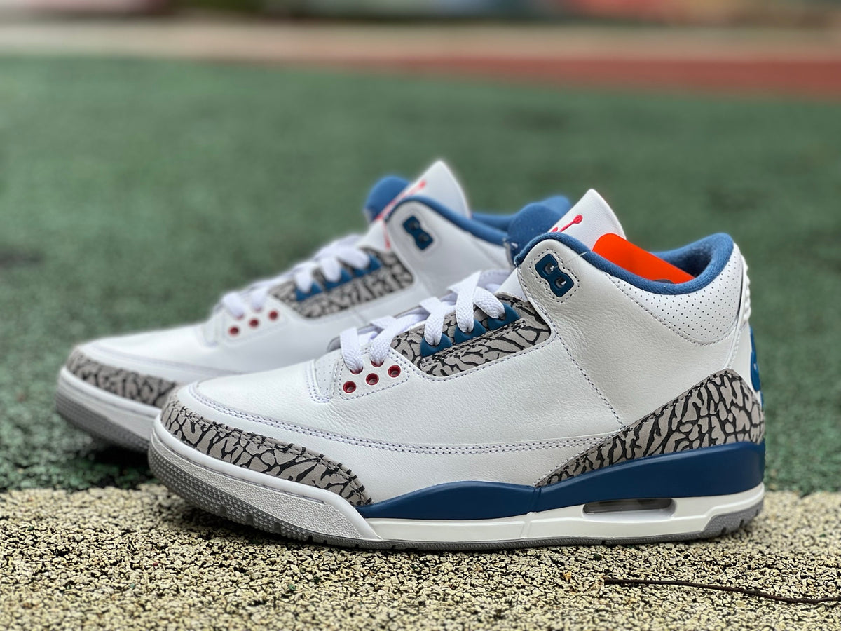 Nike Air Jordan 3 Retro True Blue sneakers displayed, featuring the iconic blue and grey colorway and classic design details.