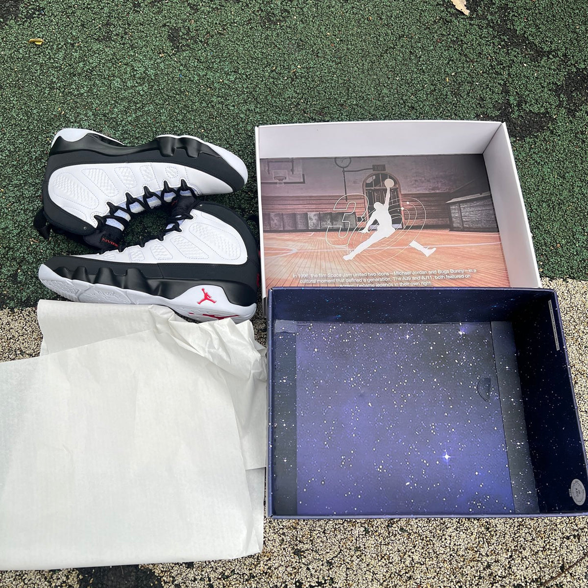 Nike Air Jordan 9 Retro OG Space Jam sneakers in black with white and red accents, showcasing the classic design and iconic branding.