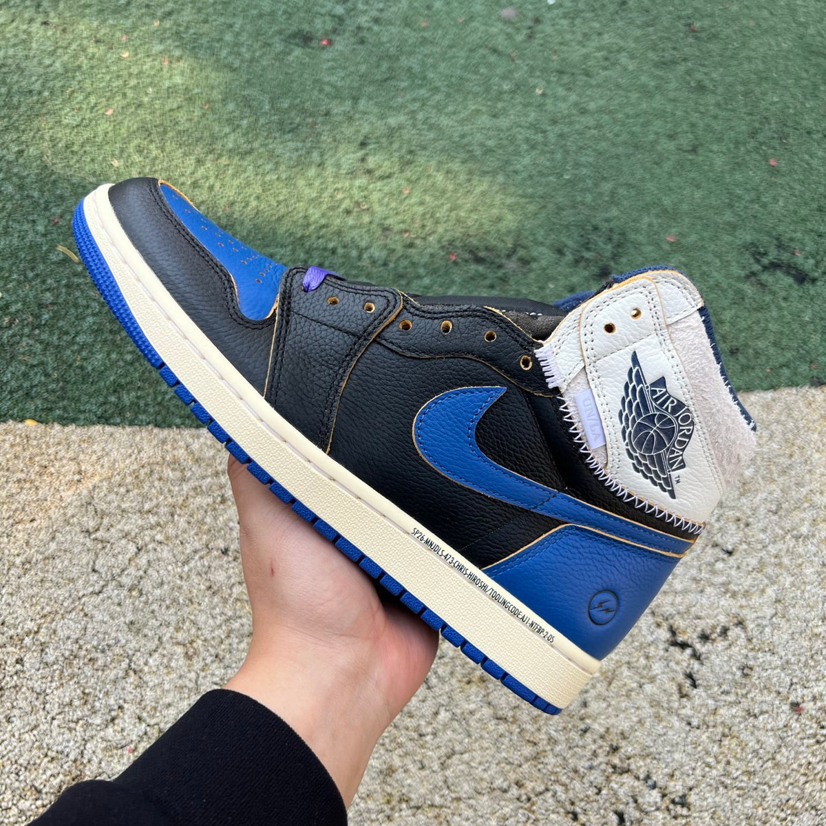 Nike Air Jordan 1 Retro High OG SP Fragment Union LA sneakers in Royal blue, featuring iconic design and collaboration details.