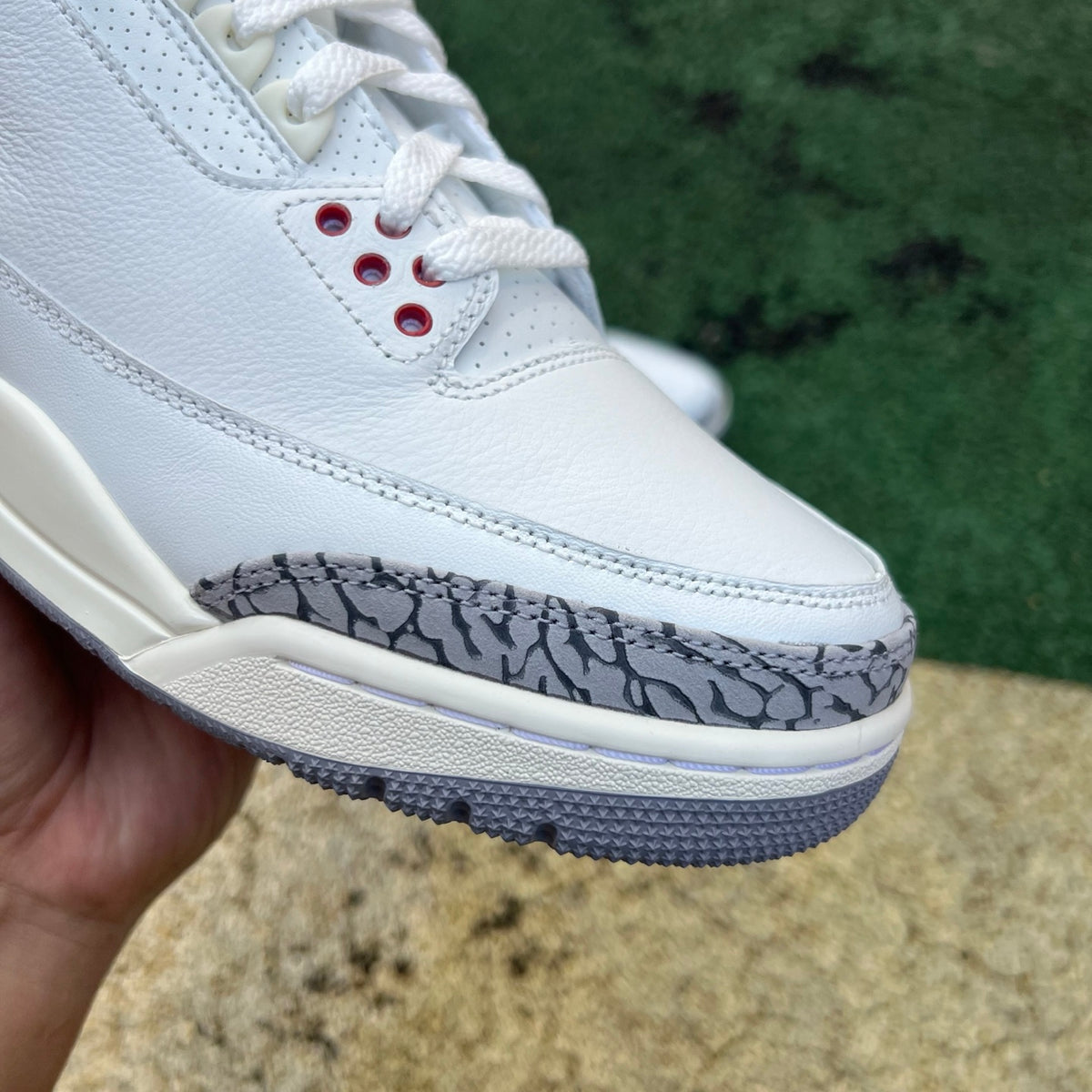 Nike Air Jordan 3 Retro White Cement Reimagined GS sneakers featuring white leather and cement grey accents.