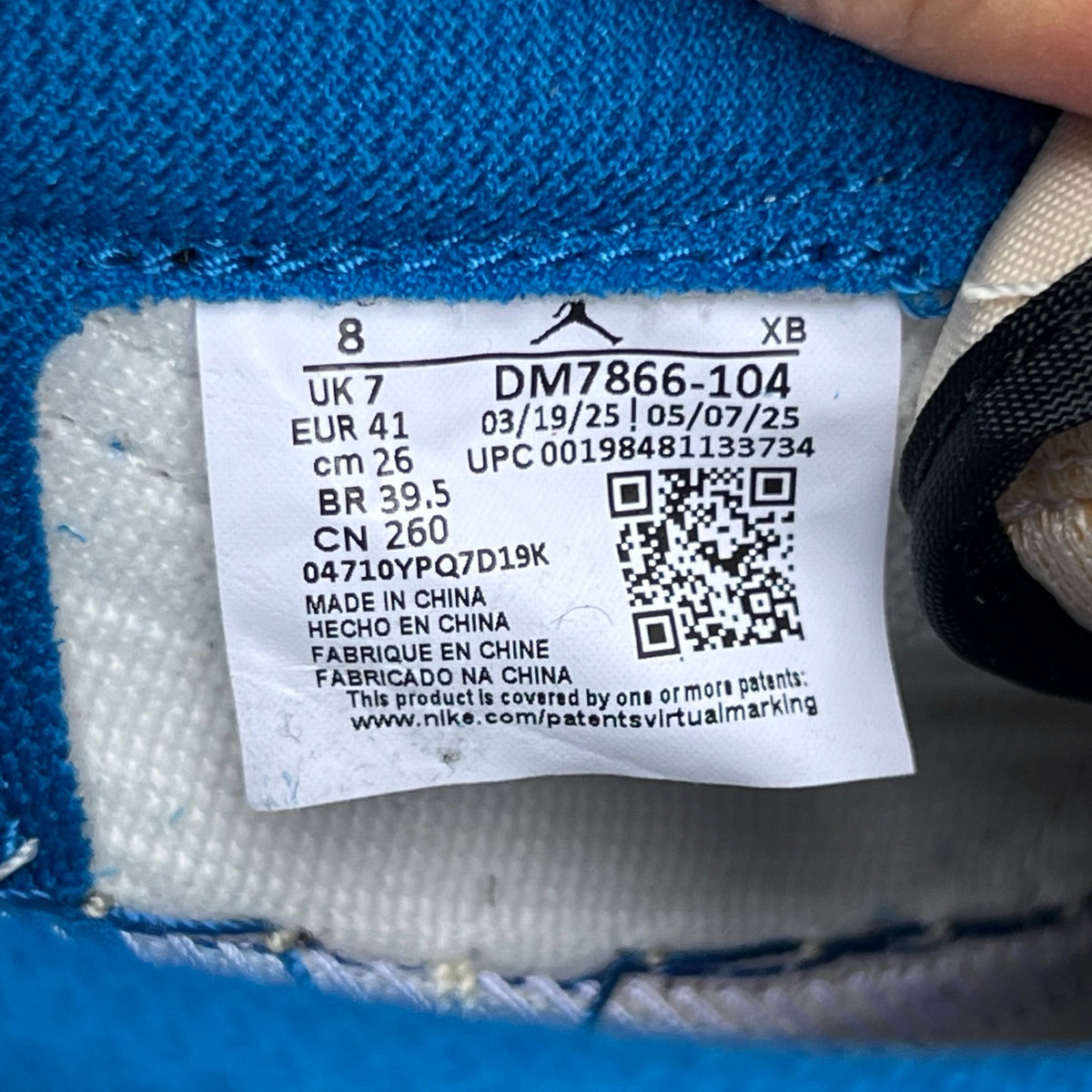 Nike Air Jordan 1 Retro Low OG SP Fragment x Travis Scott sneakers in Sail and Military Blue, featuring Nike and Jordan branding.