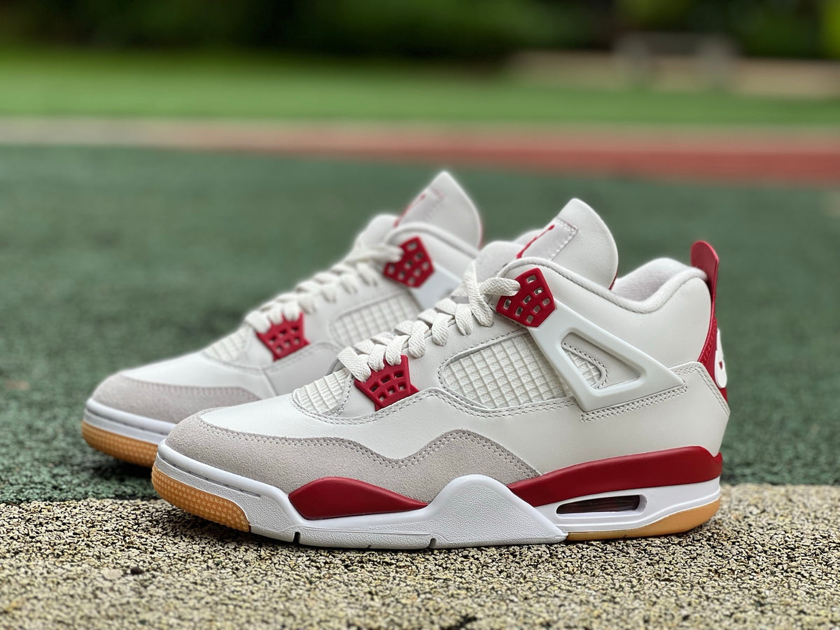 Nike Air Jordan 4 Retro SB Varsity Red sneakers with red and black colorway, featuring classic Jordan design and branding.