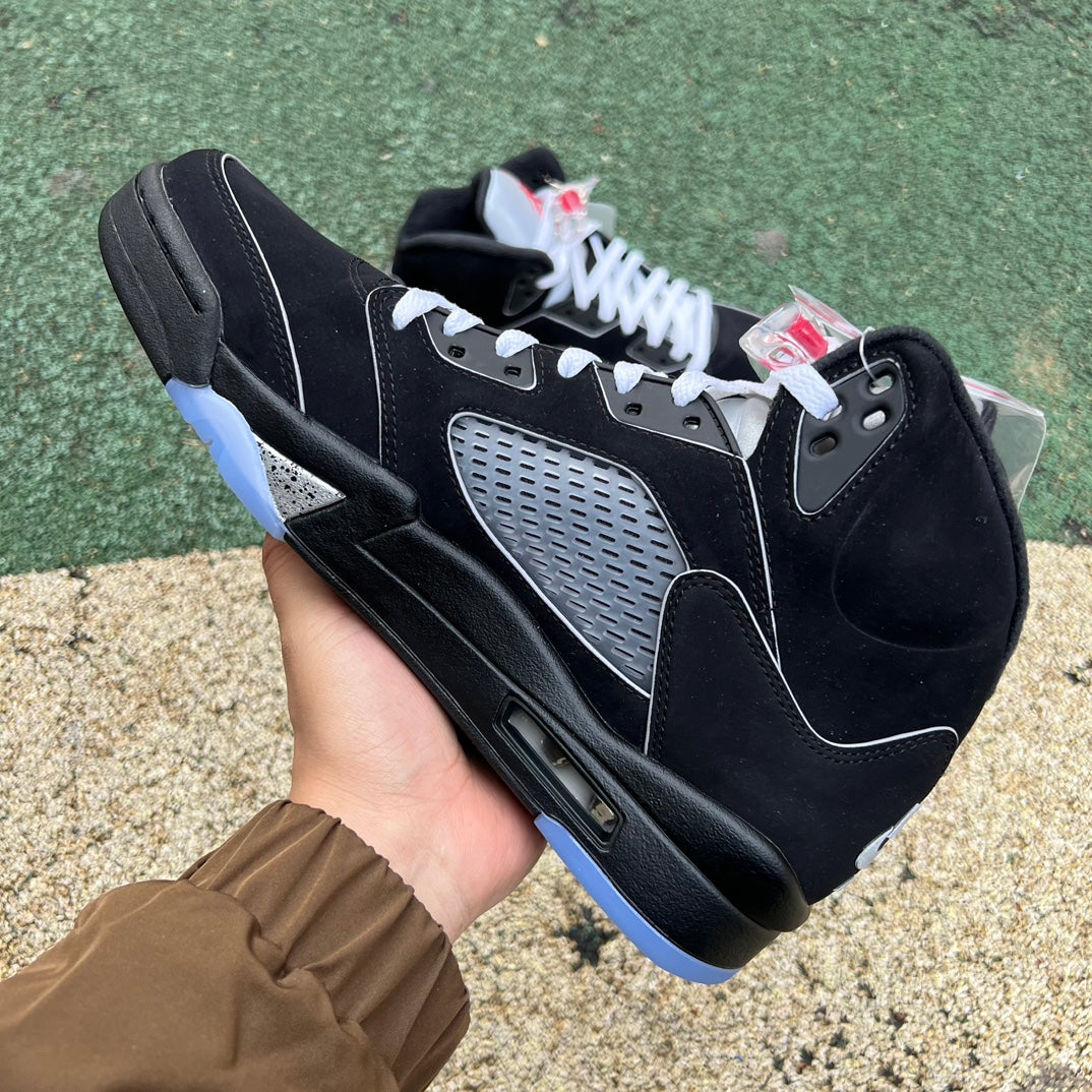 Nike Air Jordan 5 Retro OG Black Metallic sneakers with reimagined design, featuring black and metallic accents.