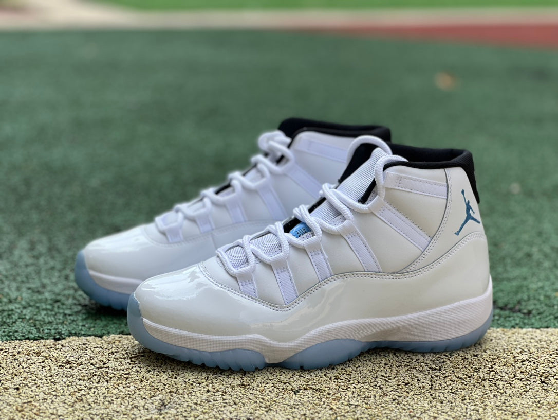Nike Air Jordan 11 Retro Legend Blue sneakers in white and blue with patent leather detailing, showcasing the iconic basketball shoe design.