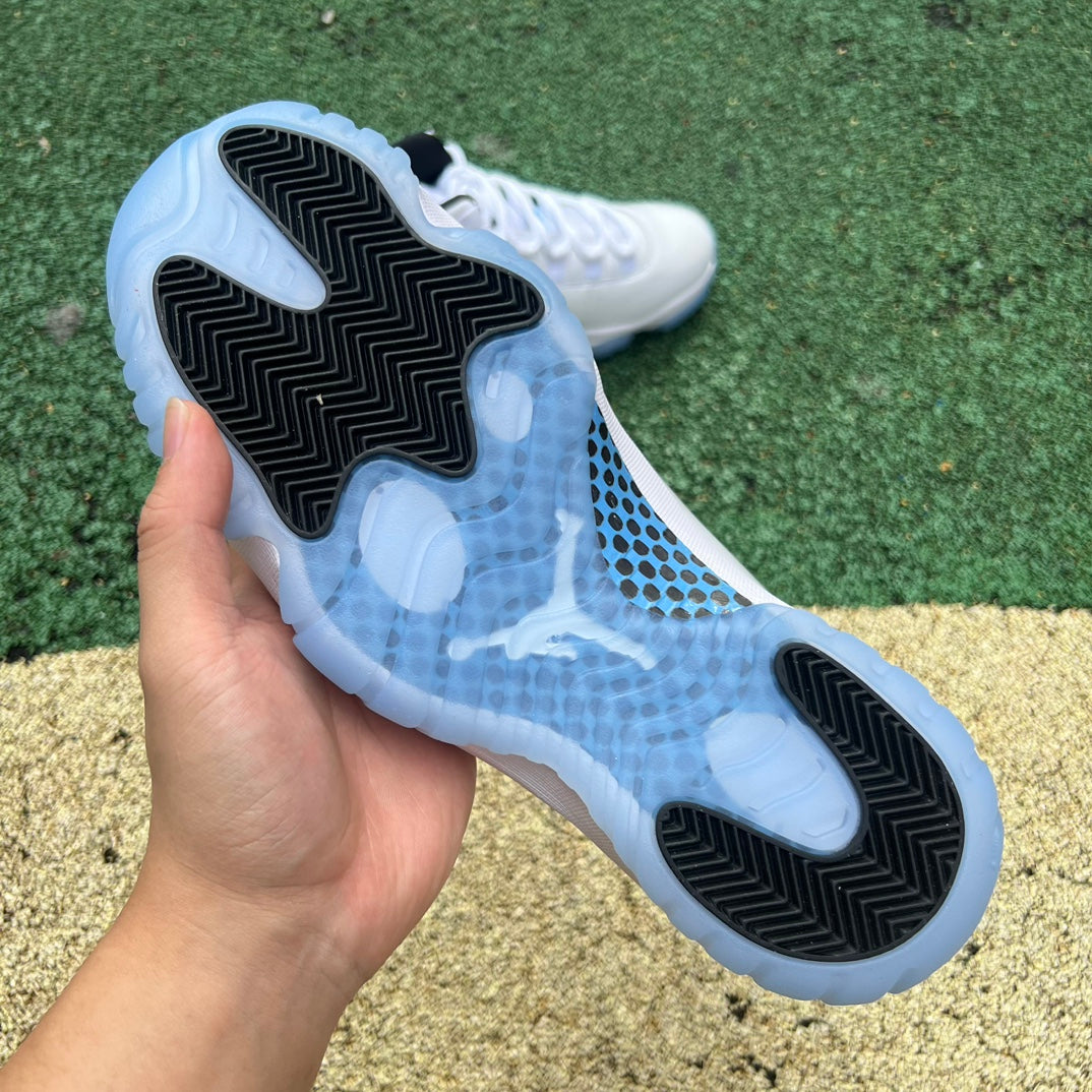 Nike Air Jordan 11 Retro Legend Blue sneakers in white and blue, showcasing the iconic design and patent leather finish.