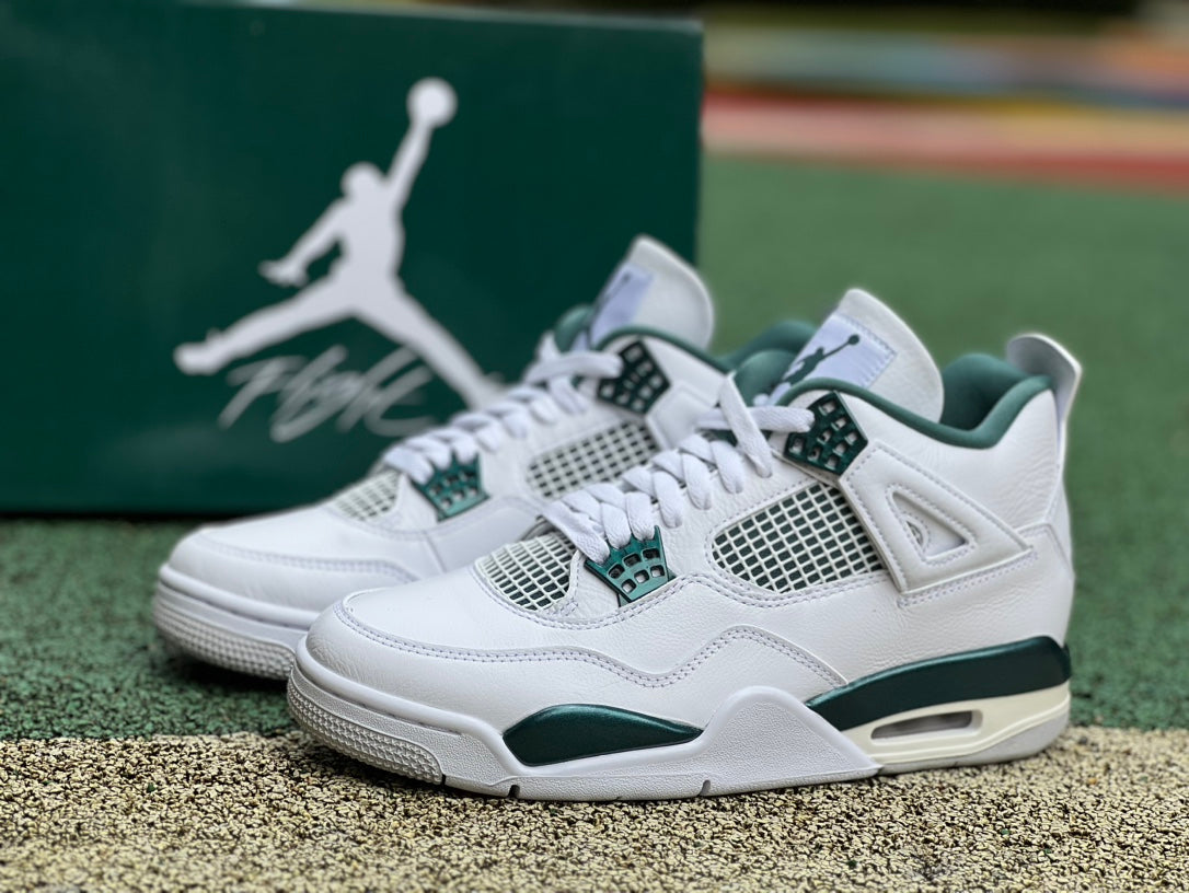 Nike Air Jordan 4 Retro Oxidized Green sneakers, side view showing green leather upper and classic design details