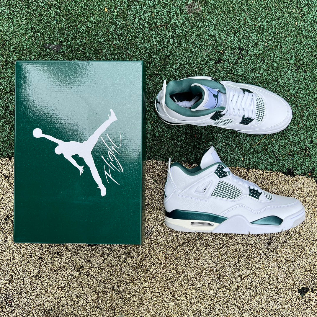 Nike Air Jordan 4 Retro Oxidized Green sneakers featuring a green and black colorway with detailed design elements.