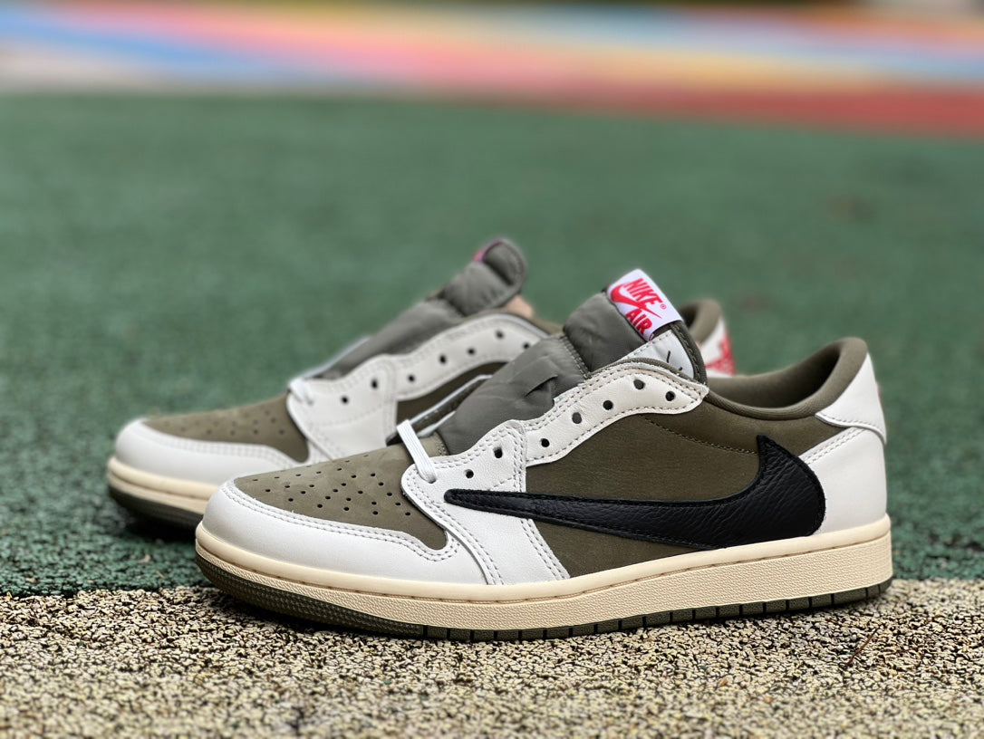 Nike Air Jordan 1 Retro Low OG SP Travis Scott Medium Olive sneaker with olive green and black colorway, featuring Travis Scott branding.