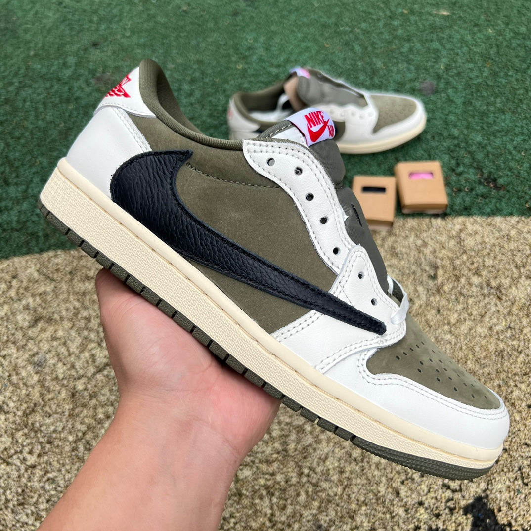 Nike Air Jordan 1 Retro Low OG SP Travis Scott sneakers in Medium Olive, featuring iconic design and signature details.