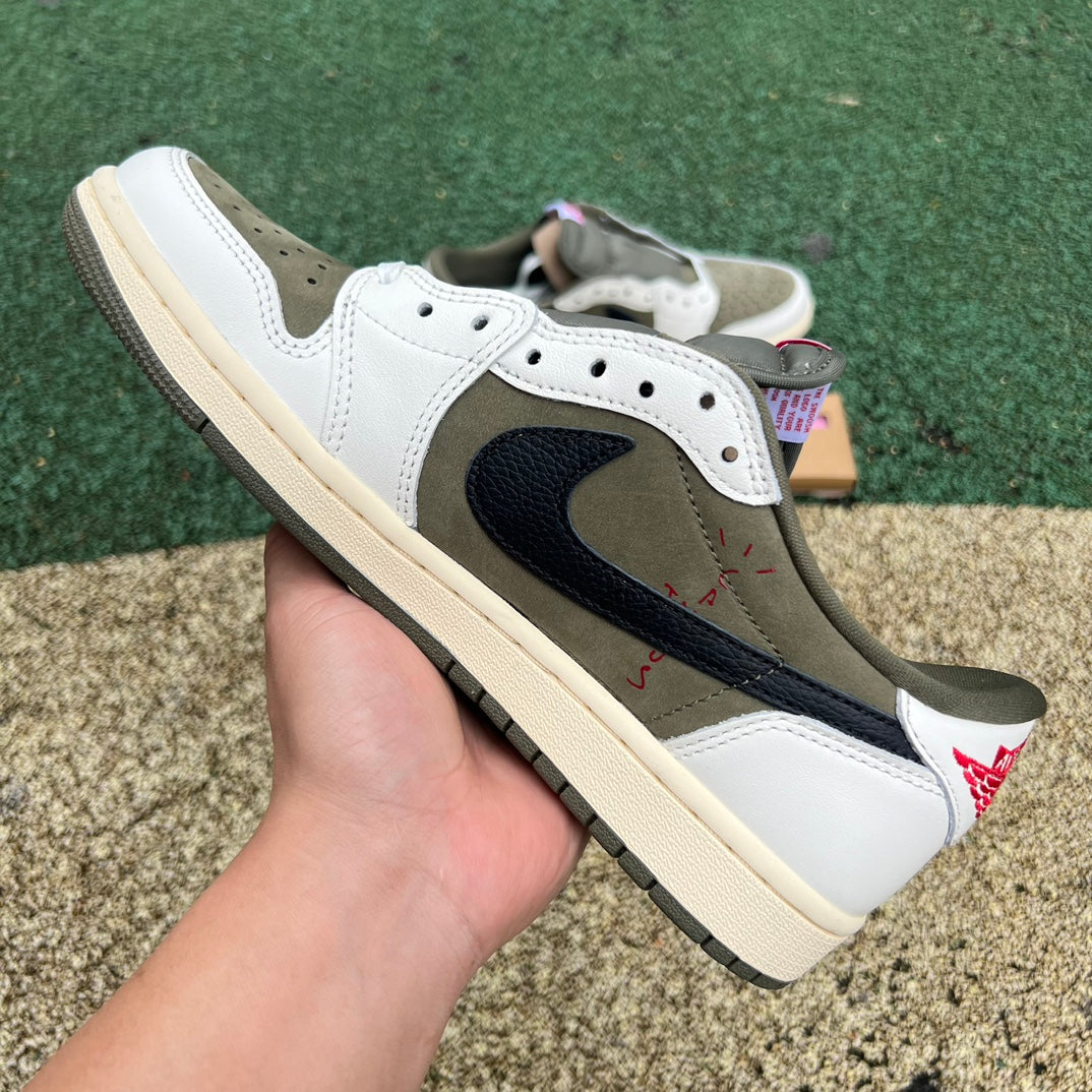 Nike Air Jordan 1 Retro Low OG SP Travis Scott sneakers in medium olive color, featuring Nike x Jordan branding and stylish design.