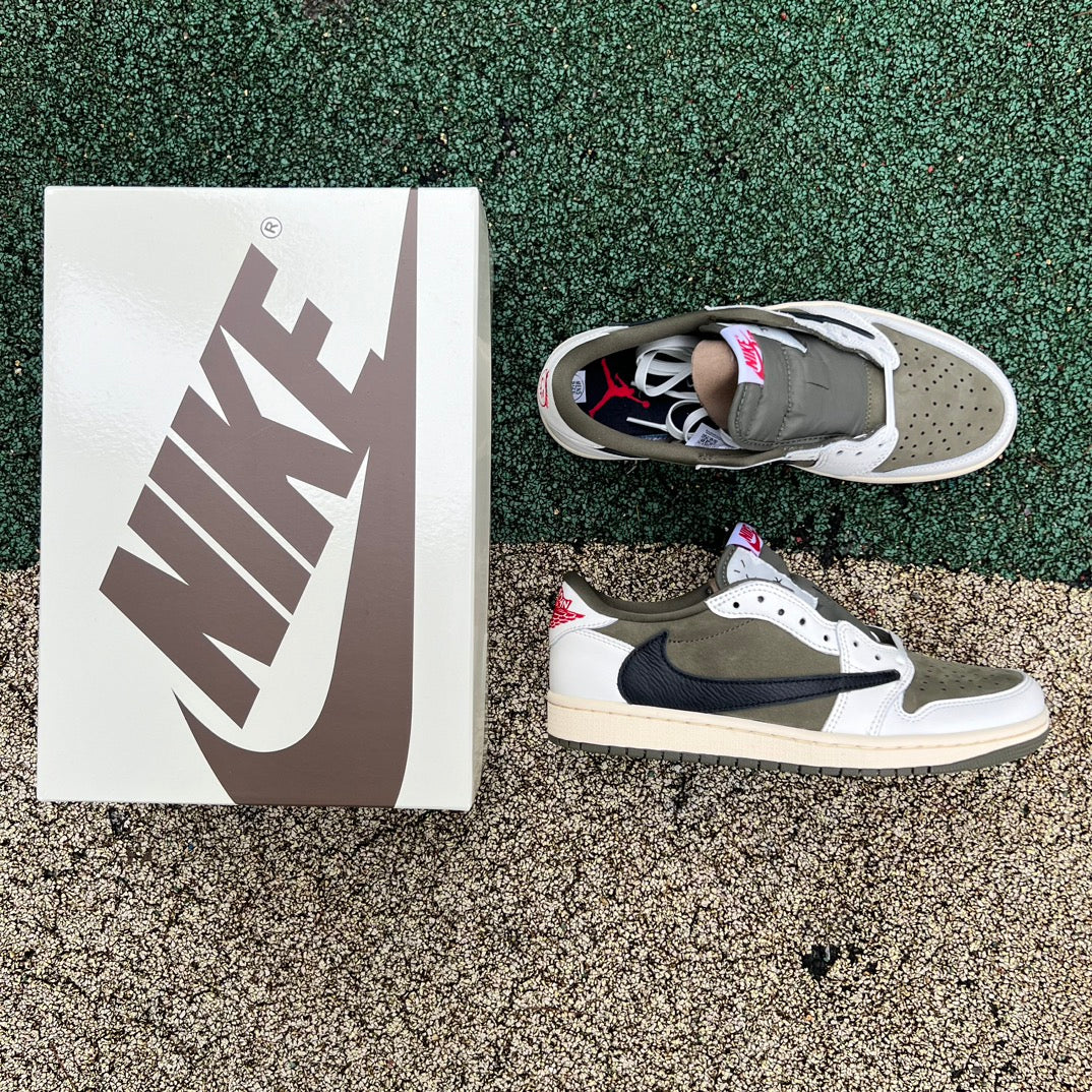 Nike Air Jordan 1 Retro Low OG SP Travis Scott sneakers in Medium Olive, featuring a low-top design and signature Travis Scott details
