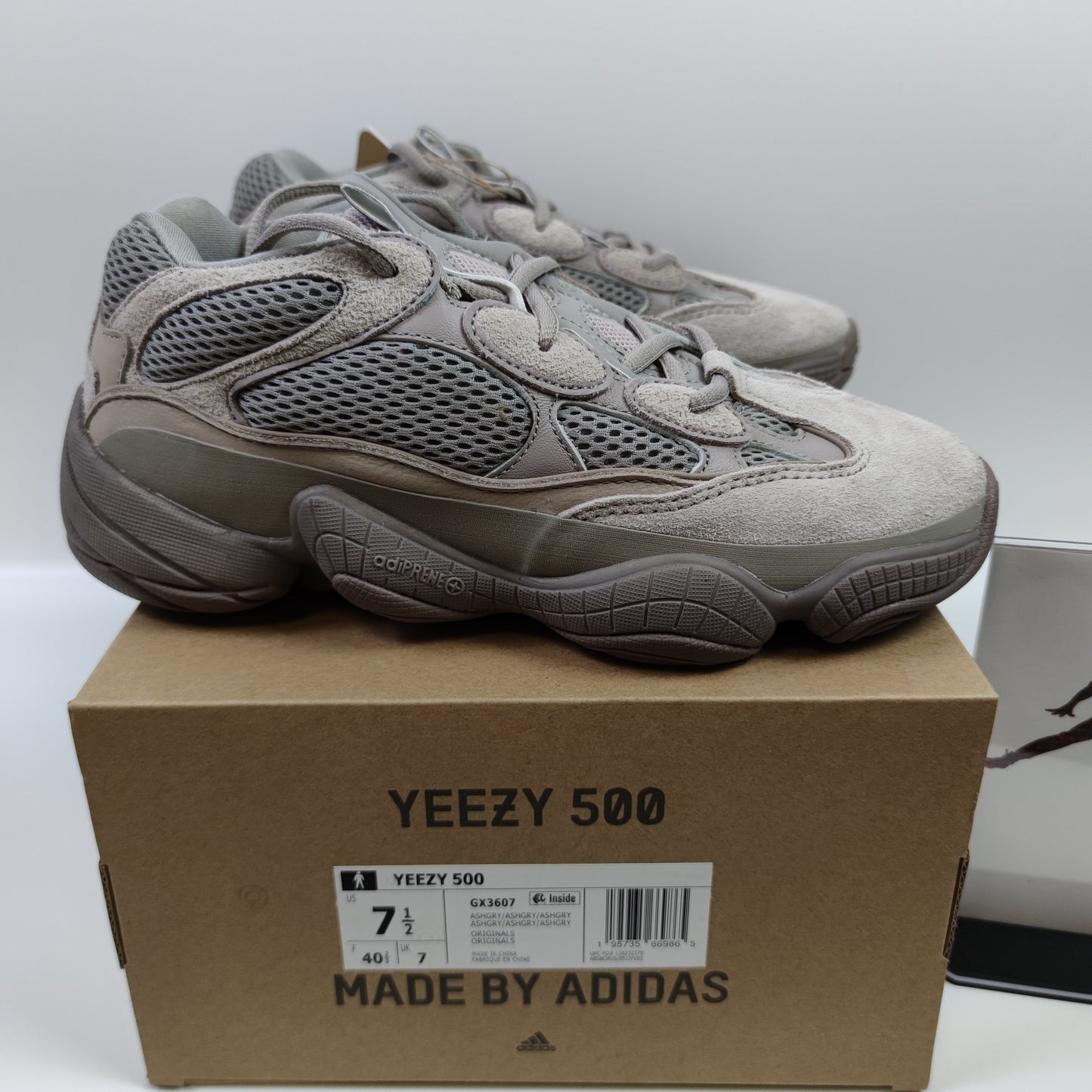 Adidas Originals Yeezy 500 Ash Grey sneakers with suede and mesh upper, chunky design, and rubber outsole.